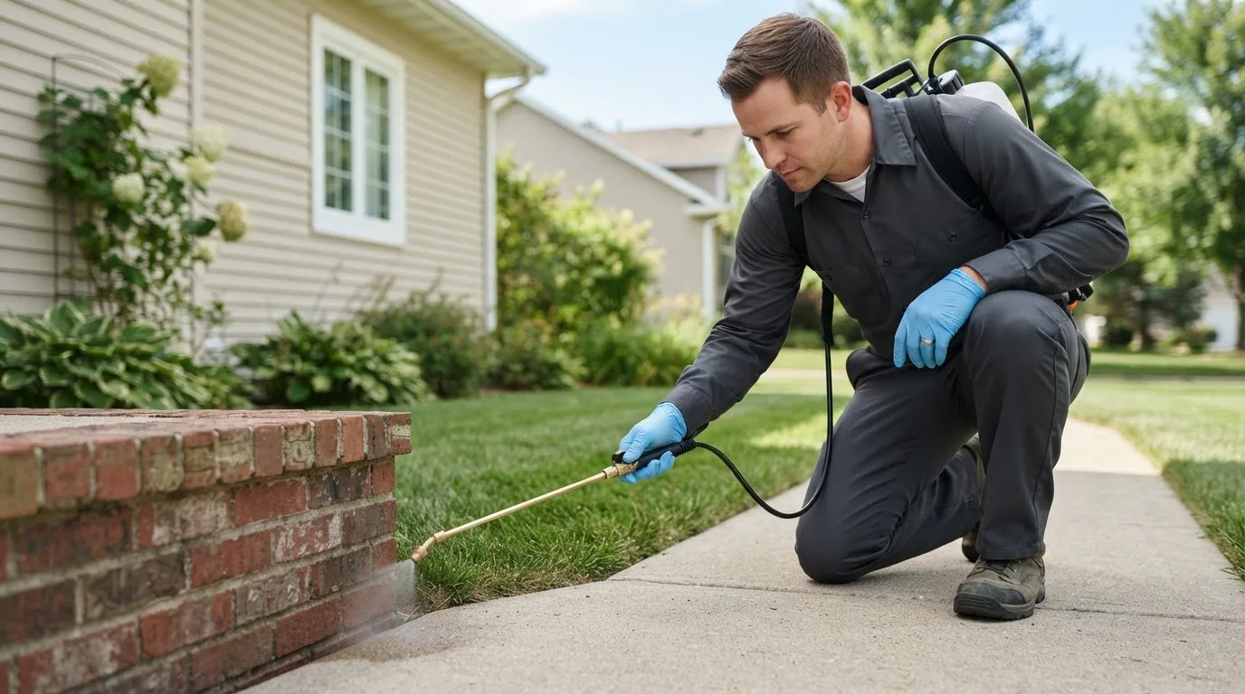 Pest control technician treating a home near Laurier, WA